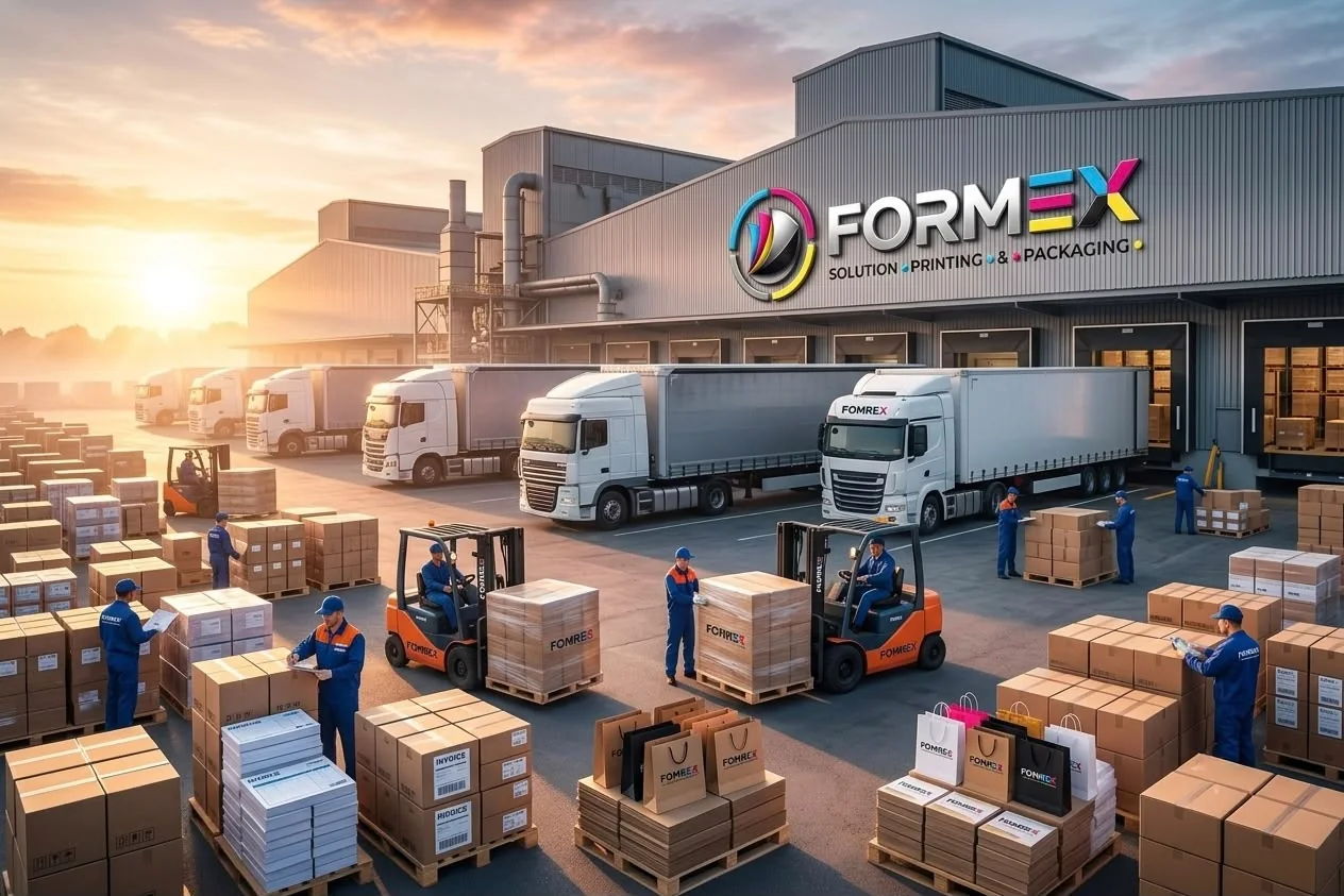 Formex printing and packaging facility with delivery trucks